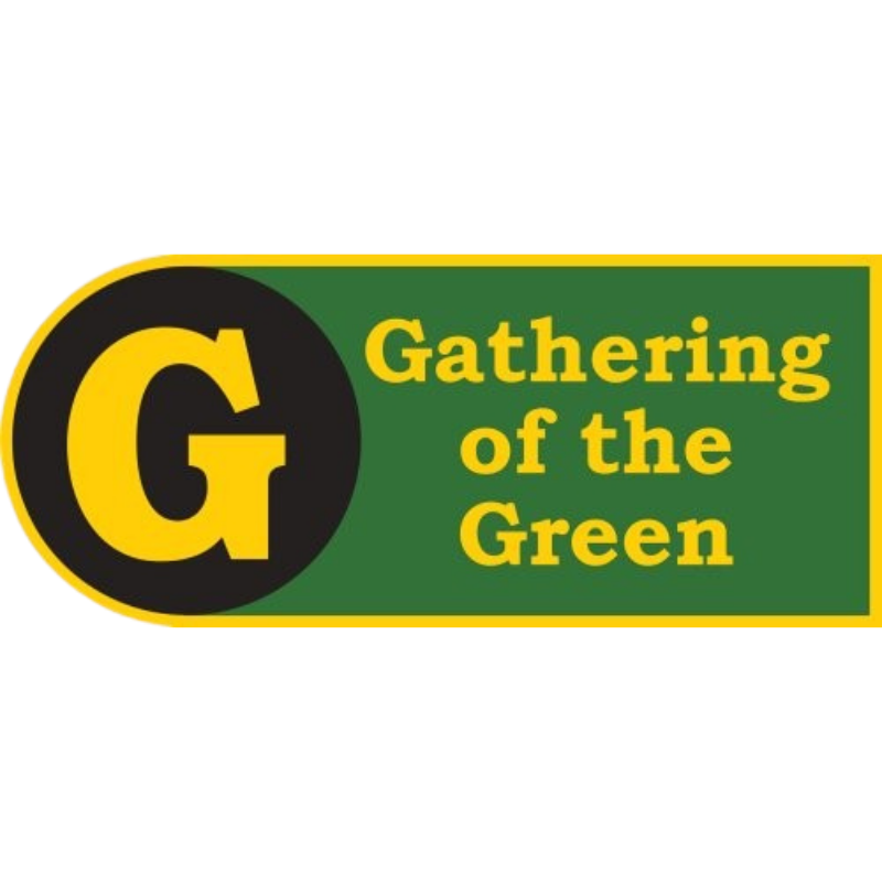 A logo with a large yellow 'G' inside a black circle with a yellow border, and the words 'Gathering of the Green' in yellow text on a green background.