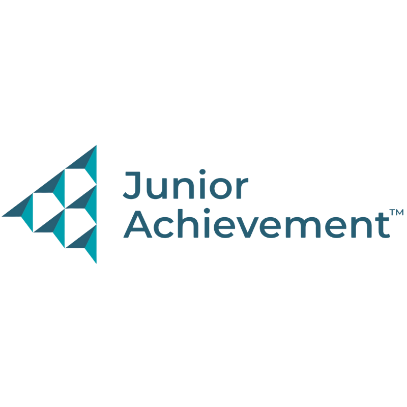 Logo of Junior Achievement featuring a stylized triangular geometric figure and the text "Junior Achievement" in blue.