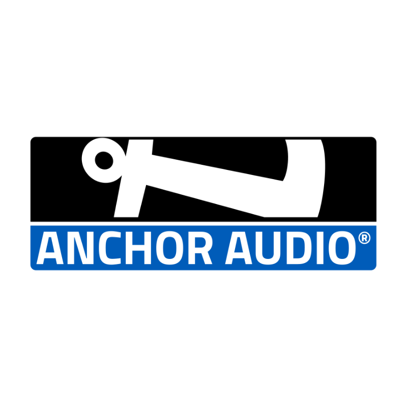 Logo of Anchor Audio featuring a white anchor symbol above the blue text 'ANCHOR AUDIO' on a black background.