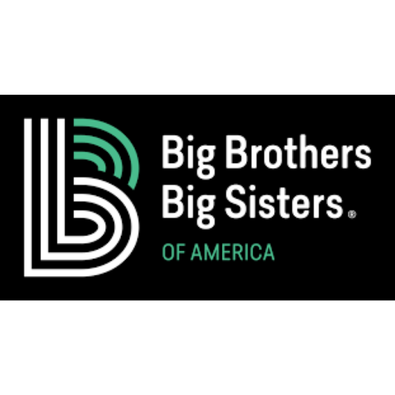 Logo for Big Brothers Big Sisters of America featuring a stylized 'B' and text in white and teal on a black background.