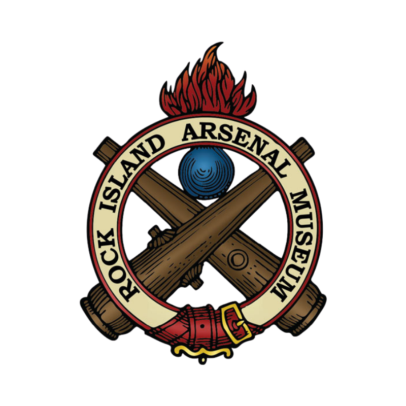 The logo of Rock Island Arsenal Museum features a circle with a blue cannonball, crossed wooden cannons, a red flame at the top, and a red belt at the bottom. The text "Rock Island Arsenal Museum" encircles the emblem.