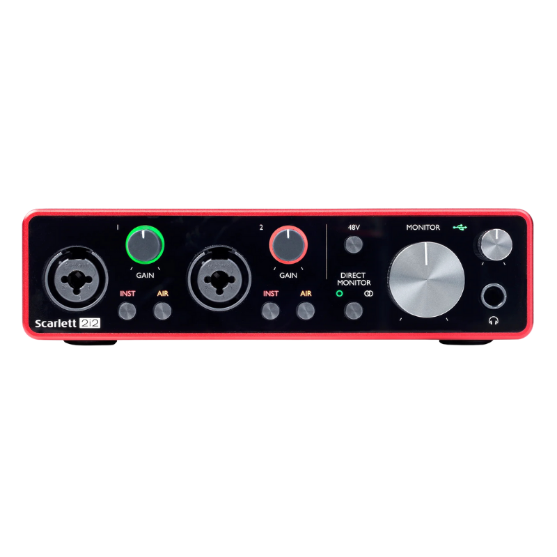 Focusrite Scarlett 2i2 // 2 XLR or 1/4" inputs // 1/4" stereo monitor outputs // USB-C connection // Ideal for: capturing audio for video call