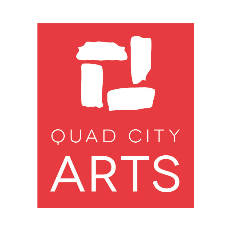 Logo for Quad City Arts featuring a stylized white shape on a red background and the text 'Quad City Arts' below.
