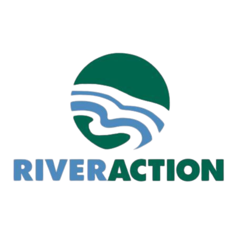 A stylized logo featuring a green half-circle, a leaf shape, and a hand with flowing lines, with the word 'RIVER ACTION' beneath it.