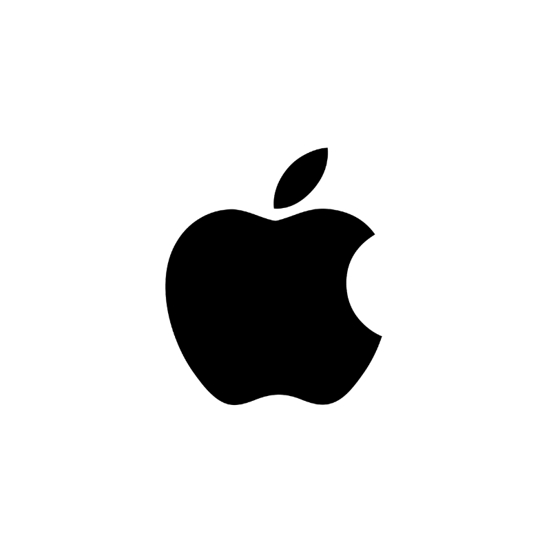 Black silhouette of the Apple logo with a bite taken out of the right side and a leaf on top.
