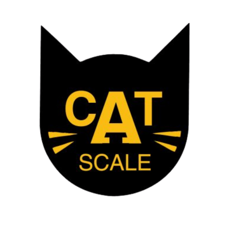 Black circular badge with yellow text that reads "CAT SCALE" and stylized yellow whiskers on each side of the text.