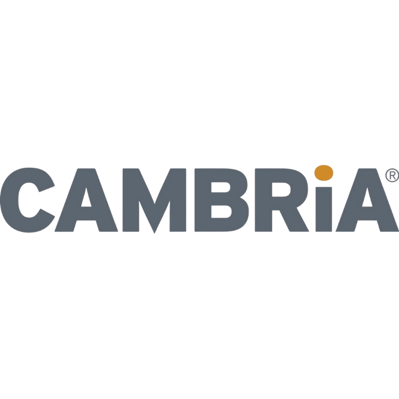 Cambria logo with stylized black mountain outline and the word 'CAMBRIA' in bold gray letters, featuring an orange dot over the letter 'I'.