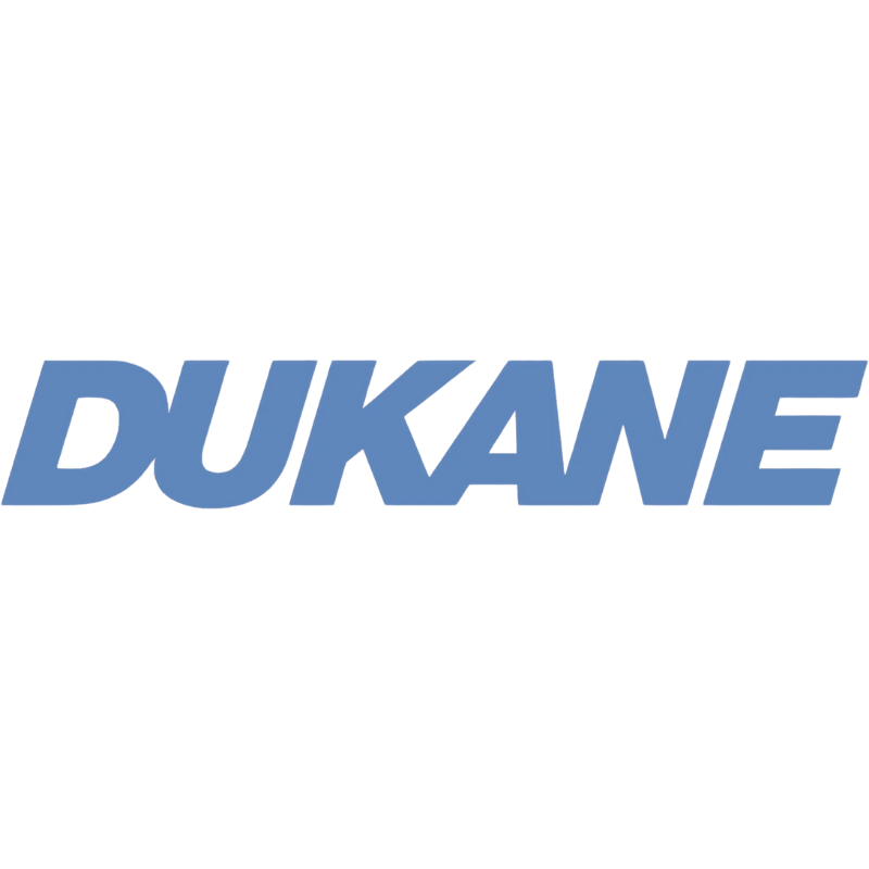 Logo with stylized text 'DUKANE' in blue, featuring a blue horse silhouette above the text.