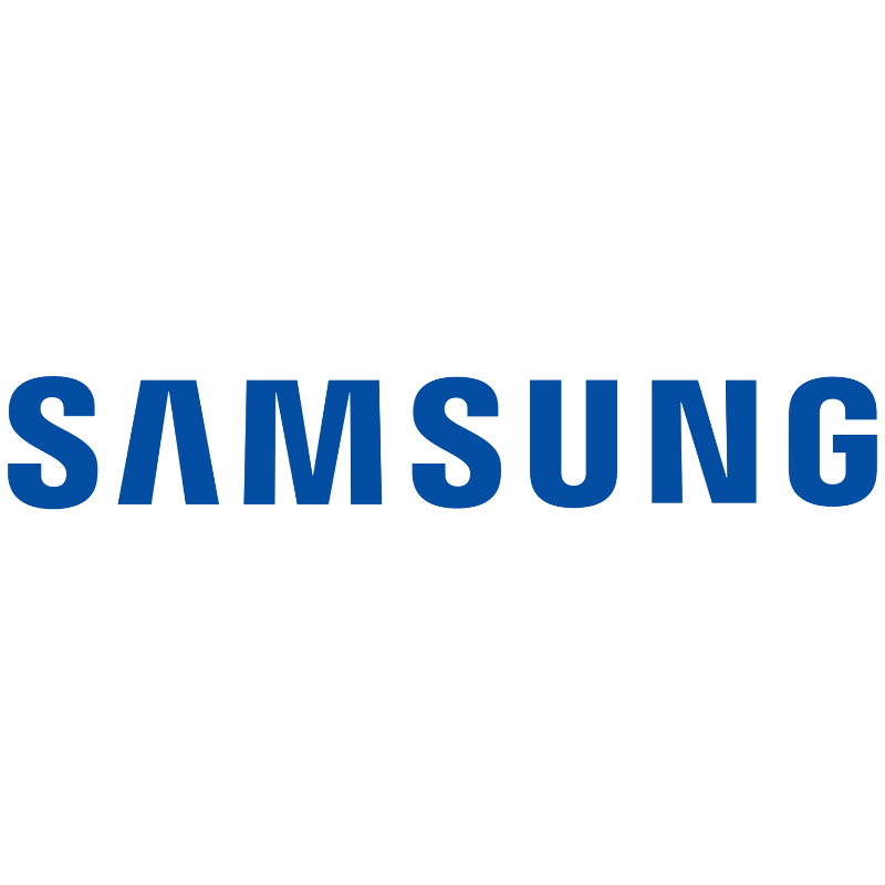 Samsung logo in blue font with a black background.