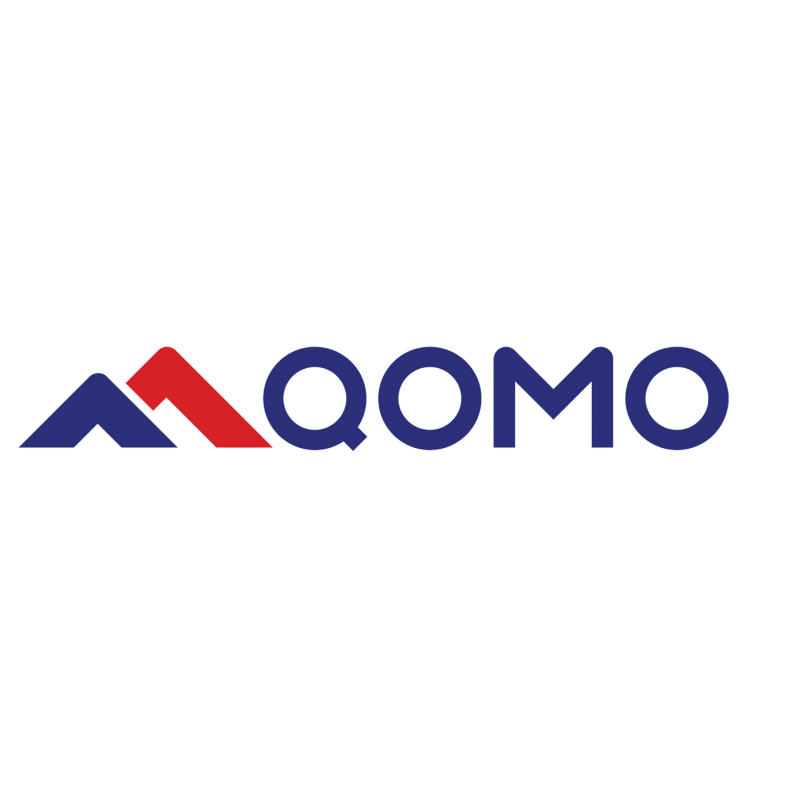 Logo with a stylized mountain and the text 'QOMO' in blue letters.