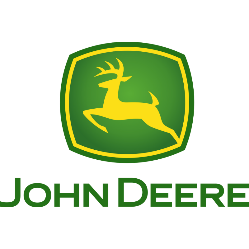 John Deere logo with a yellow leaping deer inside a green shield and the words "John Deere" below in green.