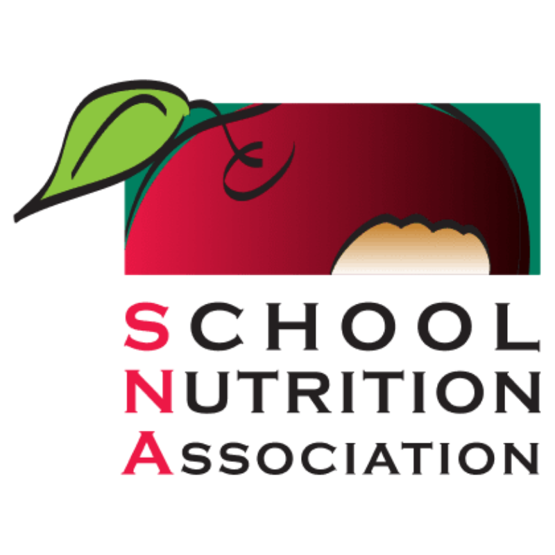Logo of the School Nutrition Association featuring an apple with a leaf and the organization name in black and red text.