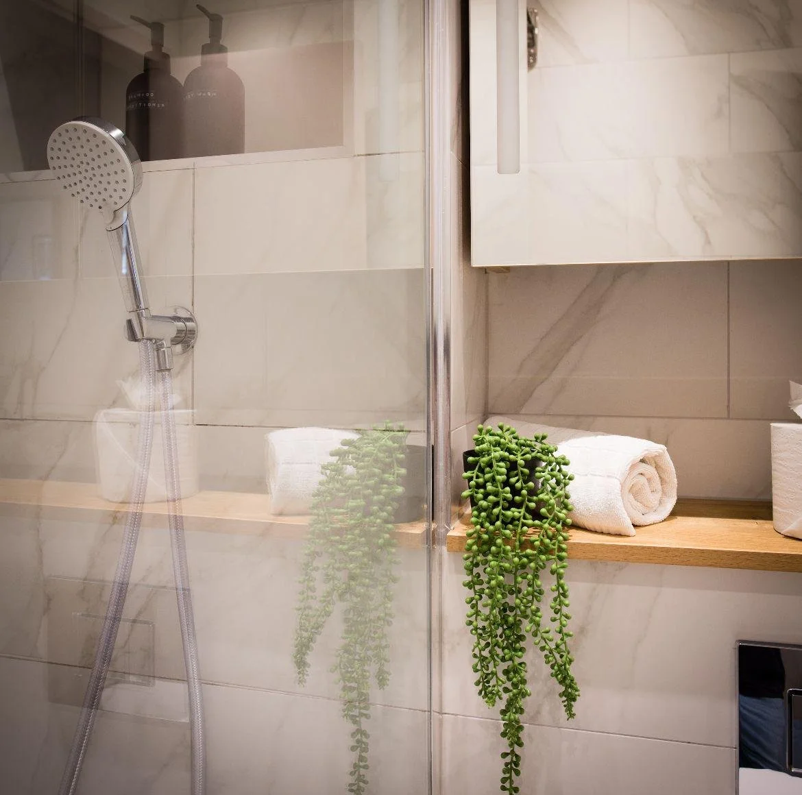 A bathroom shower area with a handheld showerhead, a glass partition, a wooden shelf with a rolled towel, a green succulent plant, and other toiletries on the shelf.