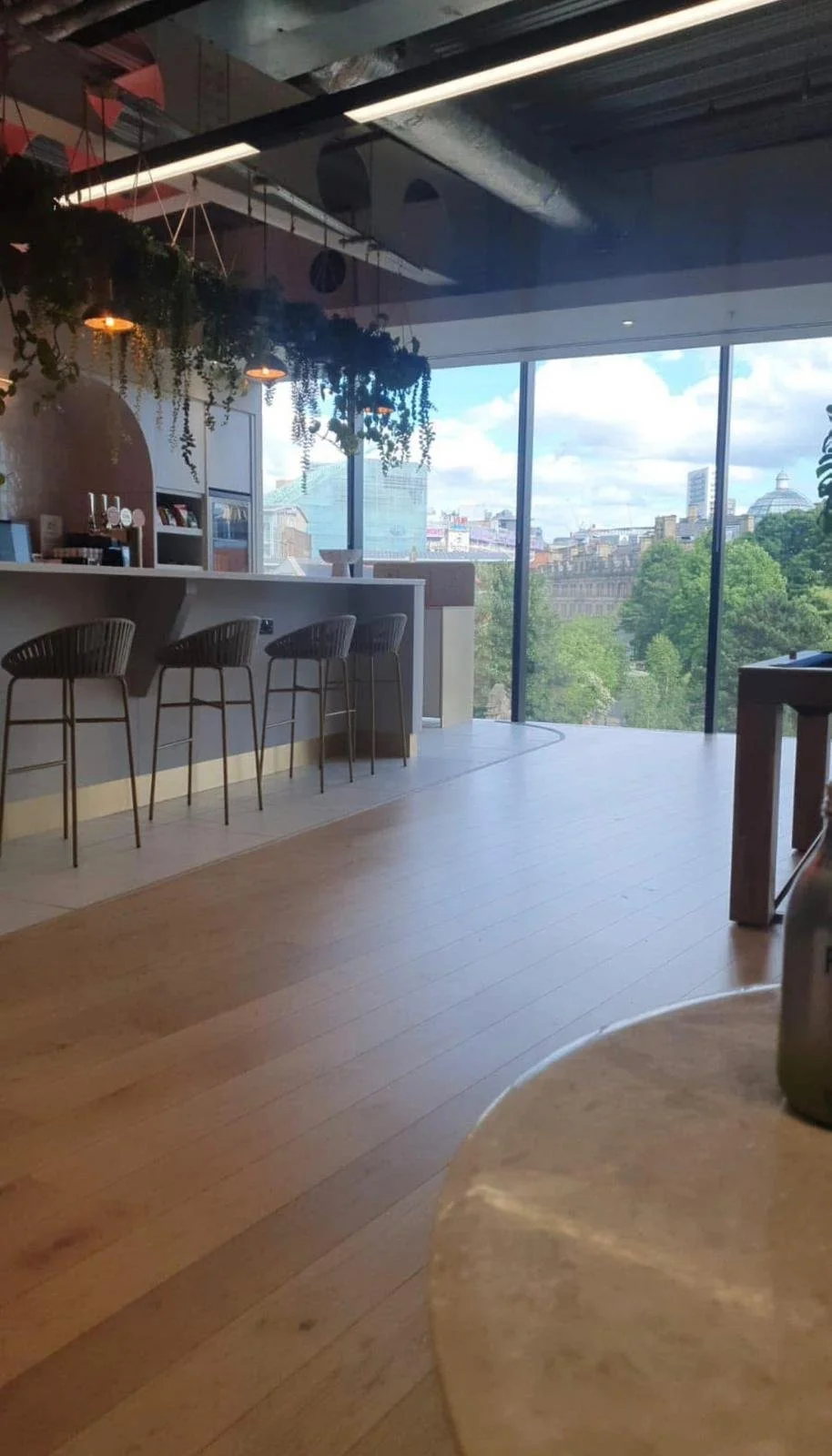 Interior of a modern cafe or lounge area with a bar counter and barstools, large windows showing a cityscape with buildings and trees, and hanging plants with small pendant lights.