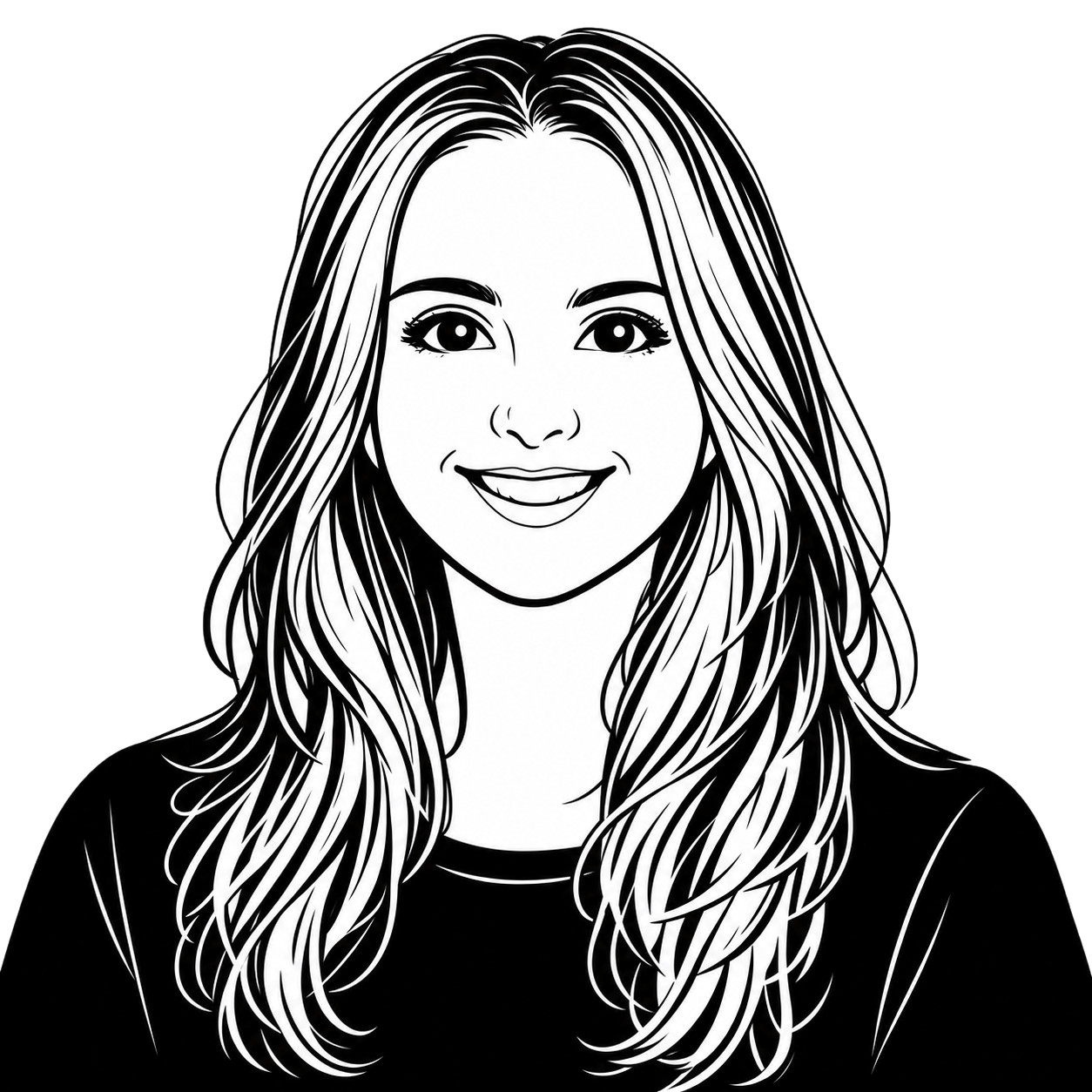 AI generated black and white line-art image of Jenny Angus