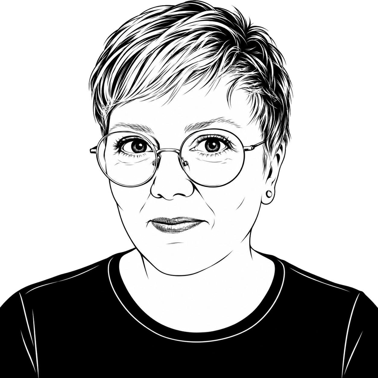 Black and white digital illustration of a woman with short hair, glasses, and earrings, wearing a black shirt, with a serious expression on her face.