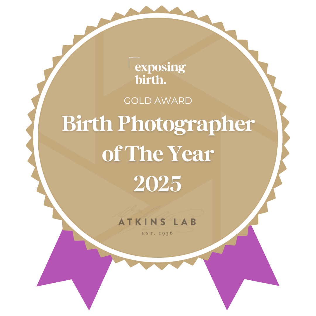 Gold award badge for 'Birth Photographer of The Year 2025' by 'exposing birth' at Atkins Lab, established 1936.
