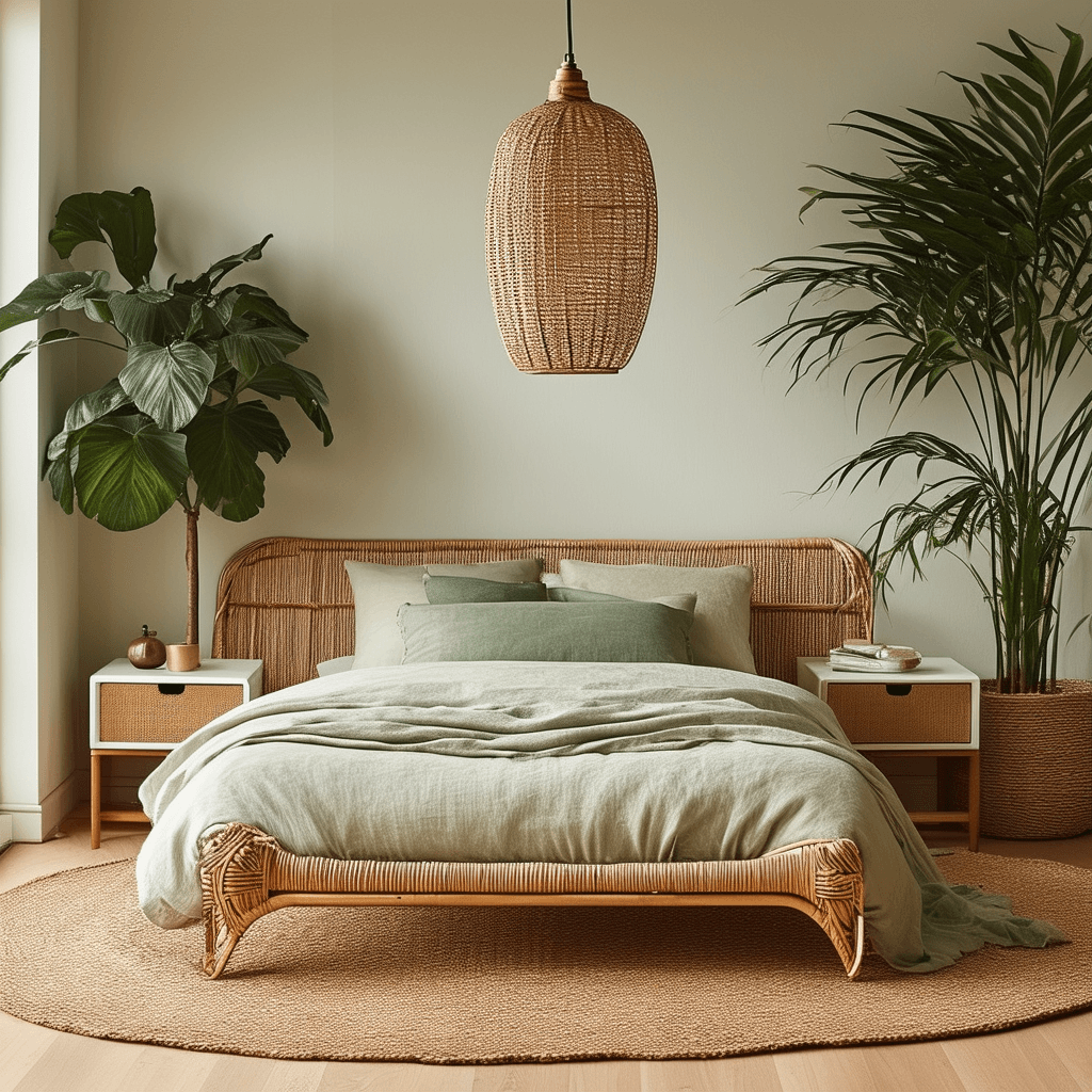 A bedroom with a rattan bed, green bedding, large green houseplants, and a woven pendant light hanging from the ceiling.