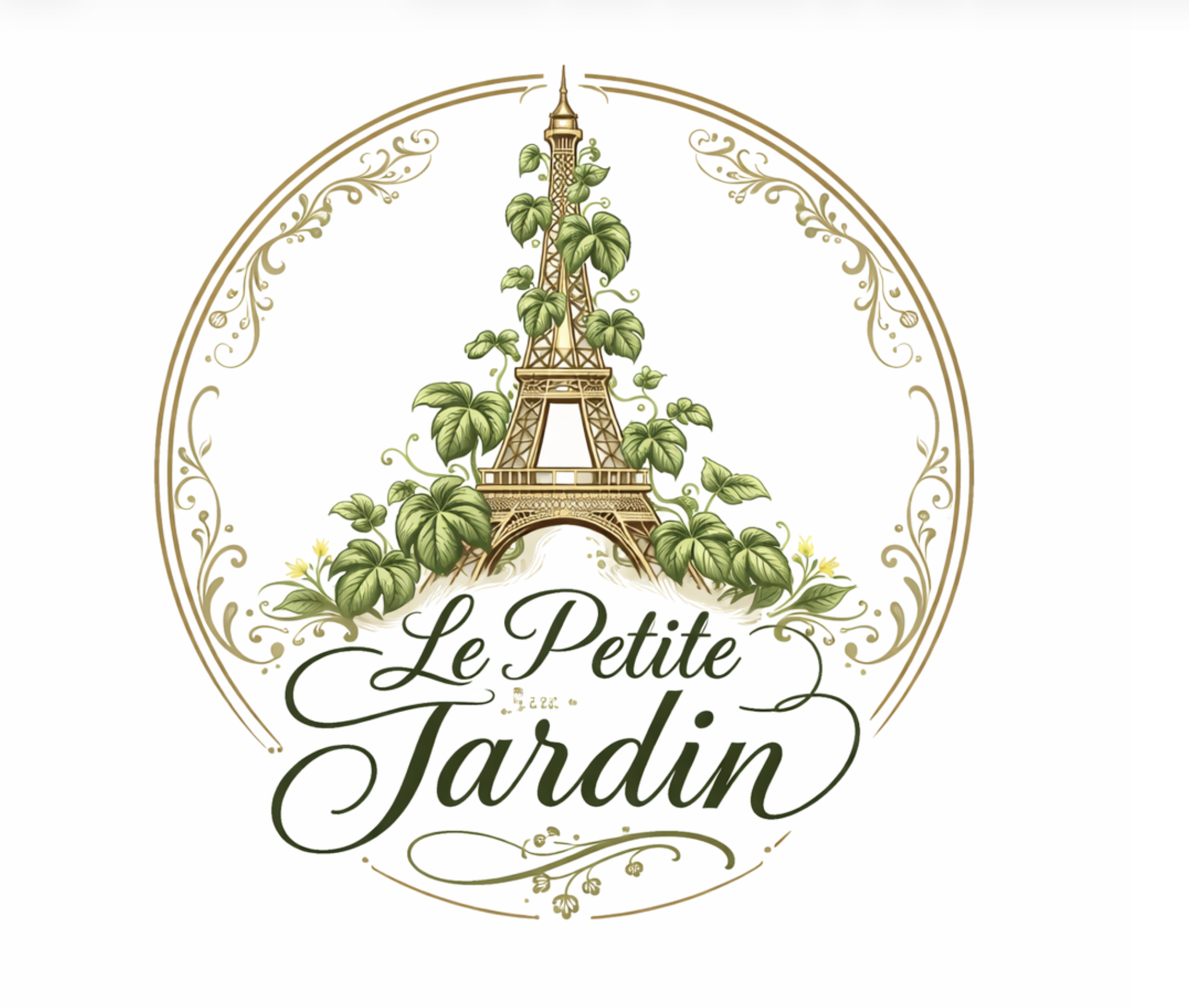 Illustration of the Eiffel Tower entwined with green leaves and plants, with decorative golden border and the text "Le Petite Jardin" below.