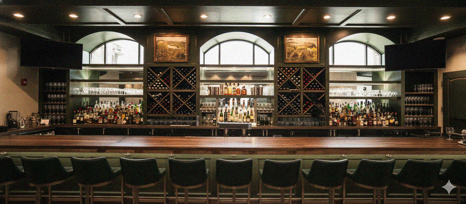 Inside view of a bar with a long wooden counter, black bar stools, and a back wall filled with various liquor bottles, wine racks, and glasses, above which are framed landscape paintings with arched windows.