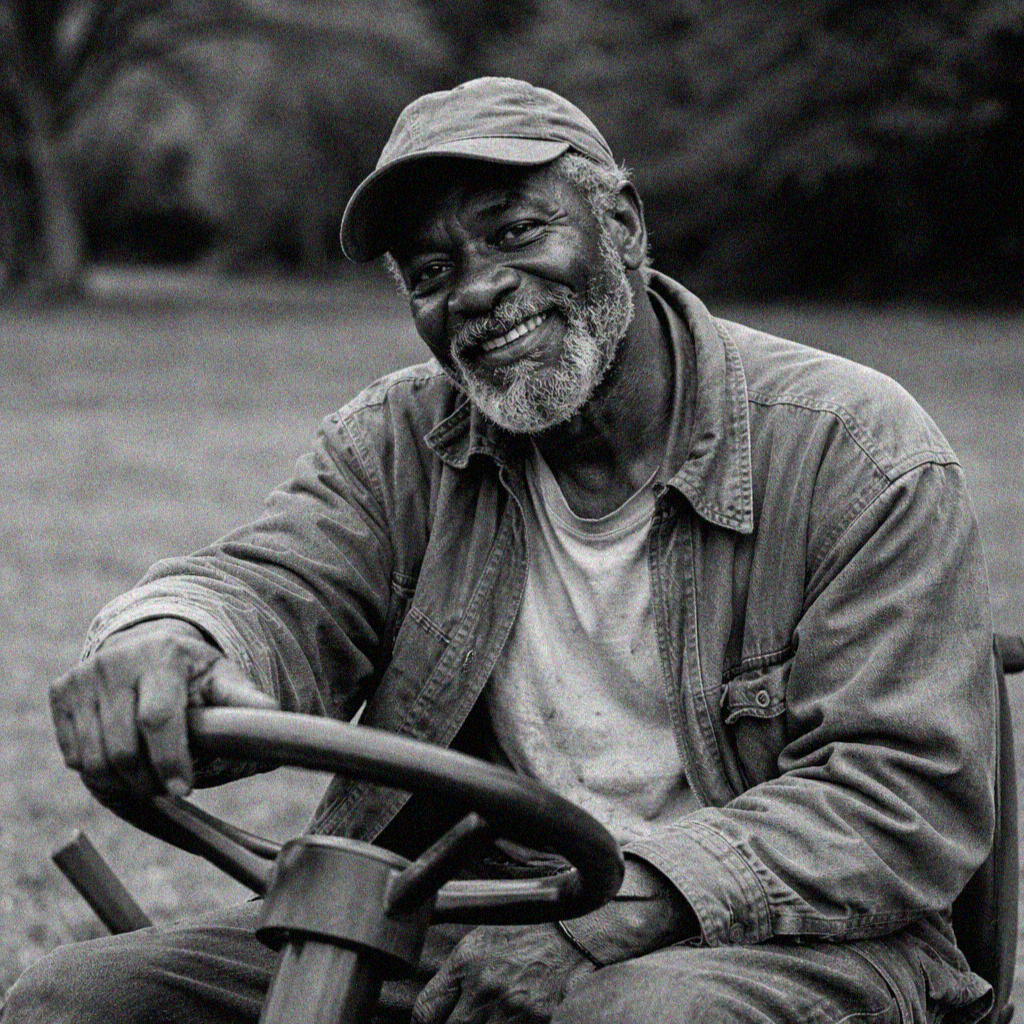 Black and white photo of an elderly man with a gray beard, wearing a cap, denim jacket, and T-shirt, smiling while sitting on a ride-on lawn mower outdoors.
