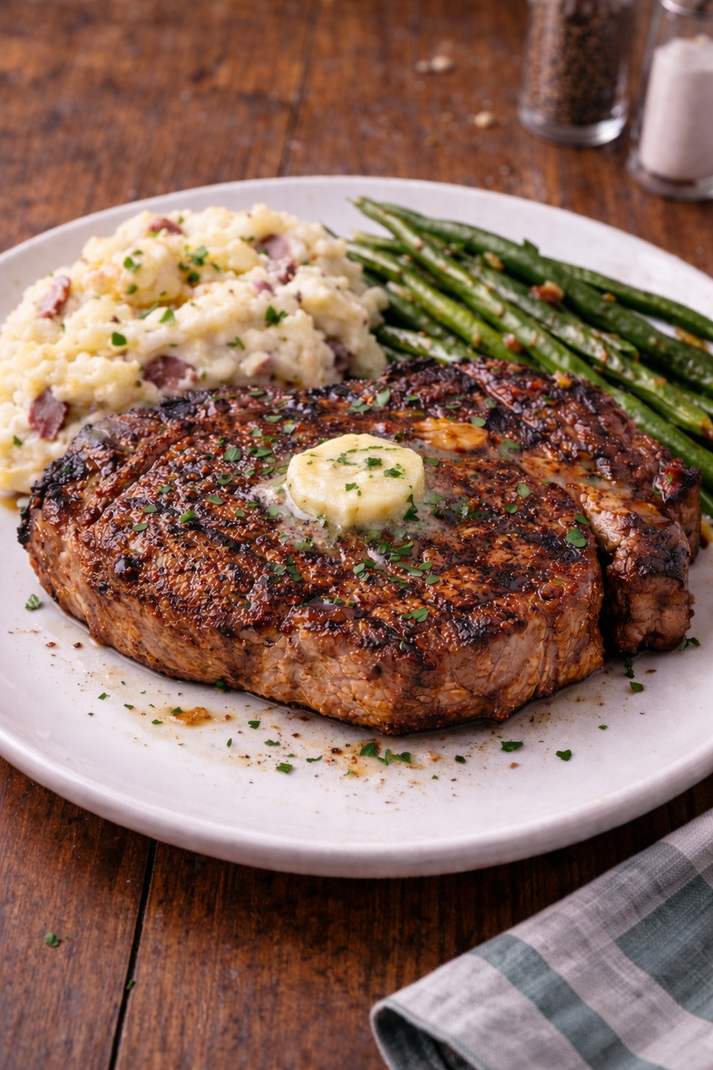 Grilled steak with butter, green beans, and mashed potatoes on a white plate.