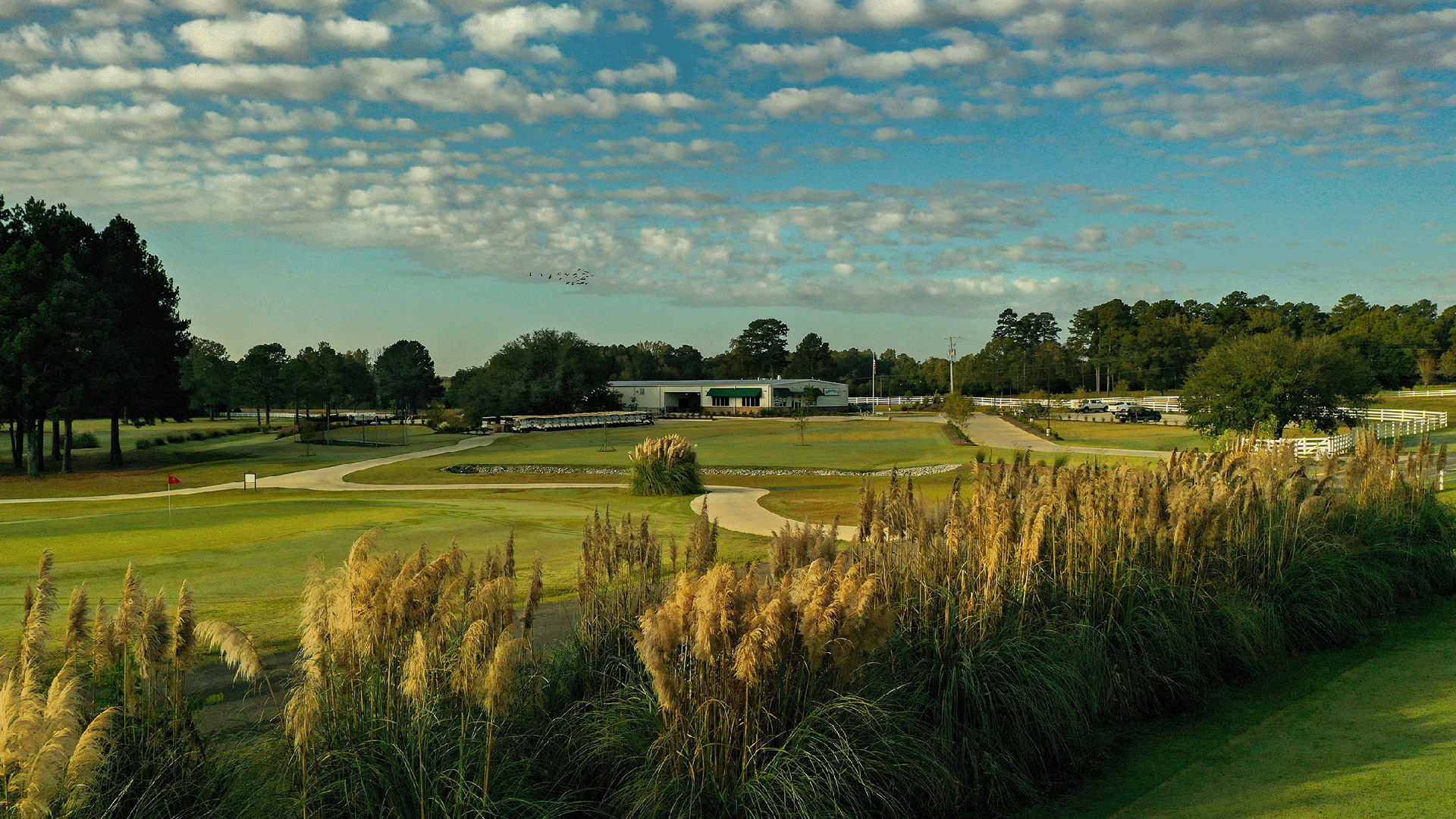 View of the golf course and clubhouse at Live Oaks Golf Club