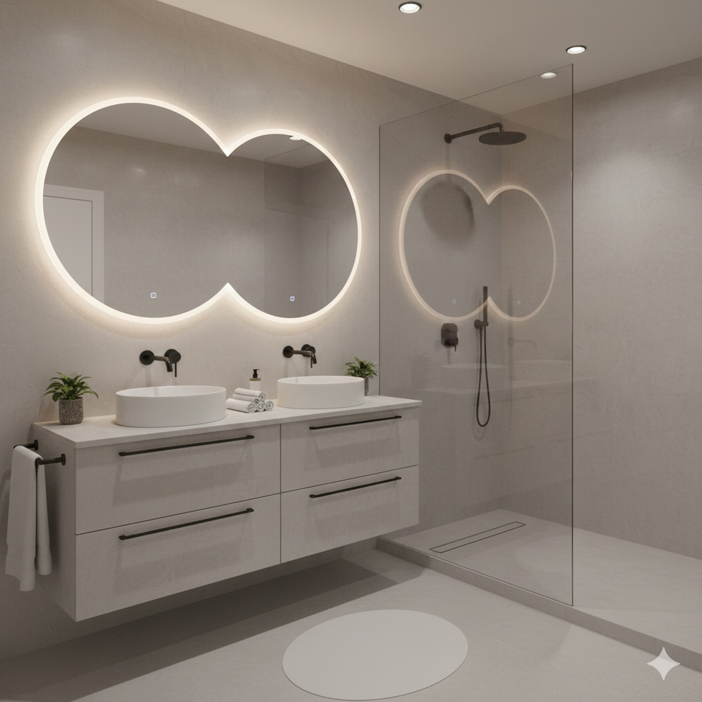 Modern bathroom with a double vanity, illuminated cloud-shaped mirrors, and a walk-in shower with a glass partition and a rainfall showerhead.