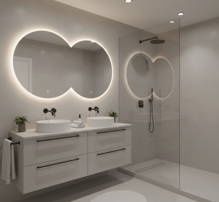 Modern minimalist bathroom with a double vanity, illuminated cloud-shaped mirrors, and a walk-in shower with a glass partition.