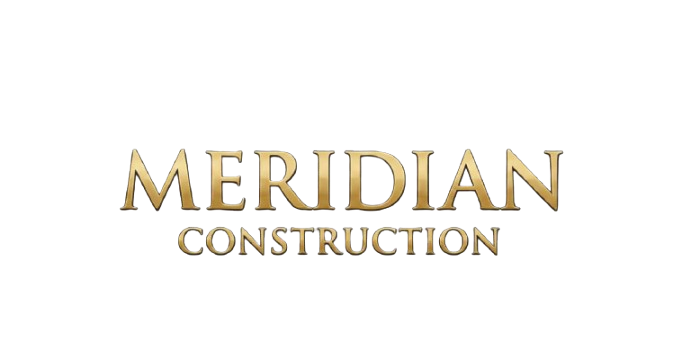 Logo for Meridian Construction with text in metallic gold, purple, and red colors, featuring a black background and a light green underline.