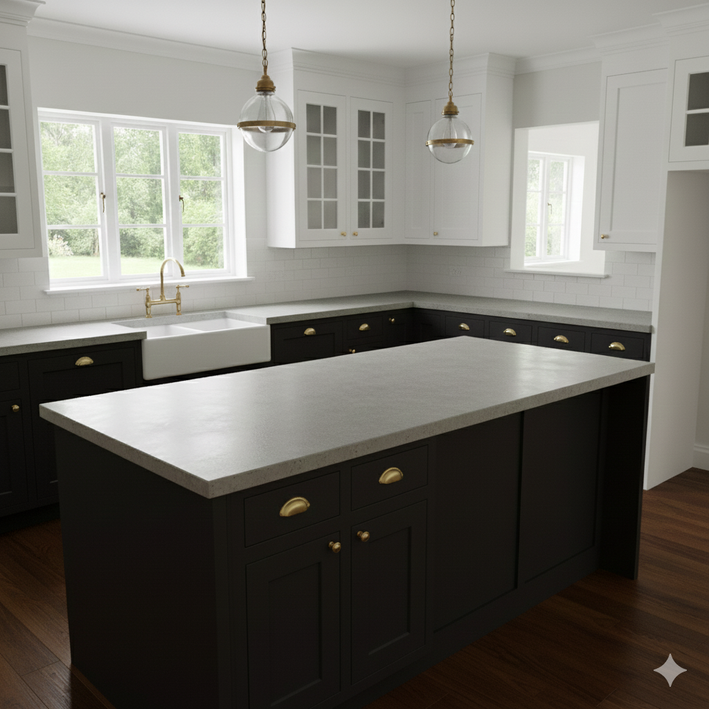 Modern kitchen with black cabinetry, white countertops, and a central island. Features a farmhouse sink, large windows, and hanging pendant lights.