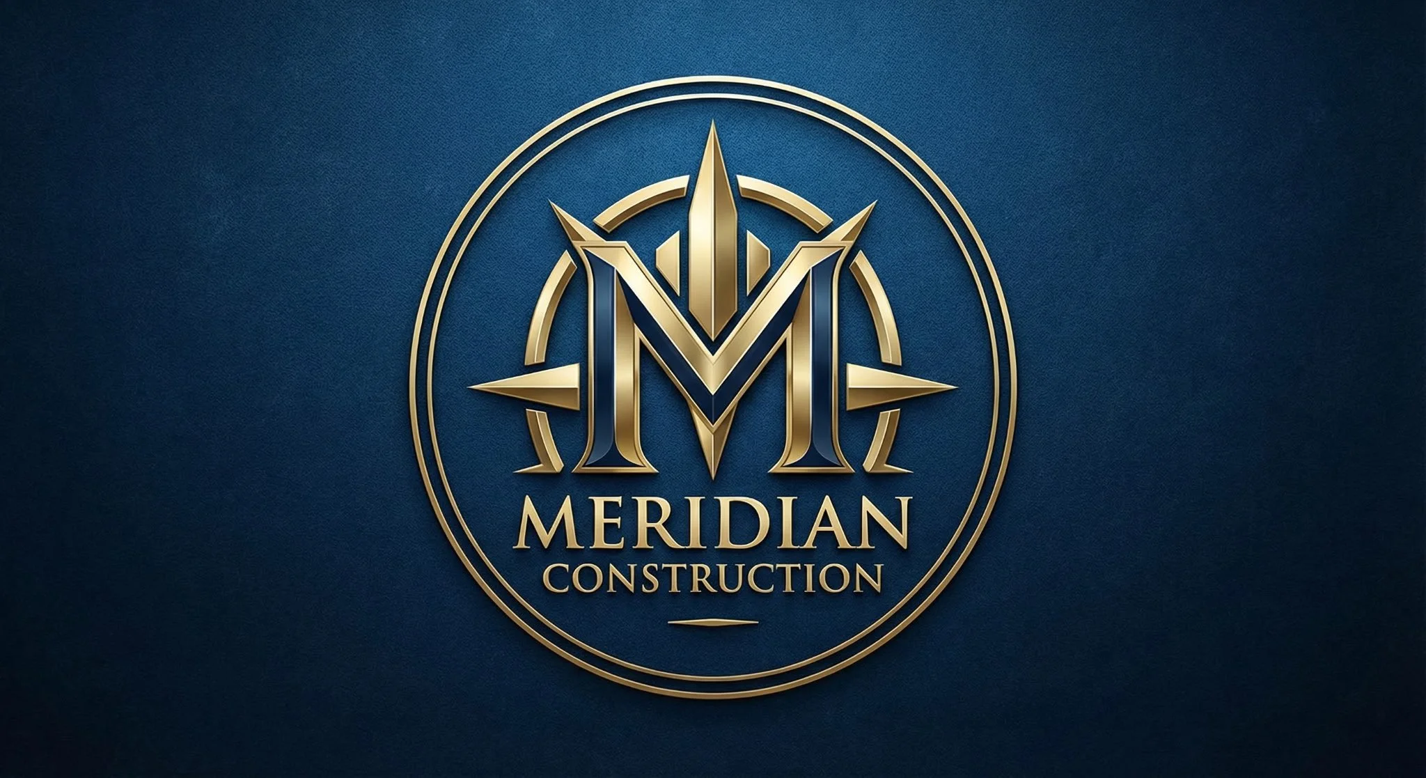 Gold and blue logo for Meridian Construction with a stylized letter M and compass design.