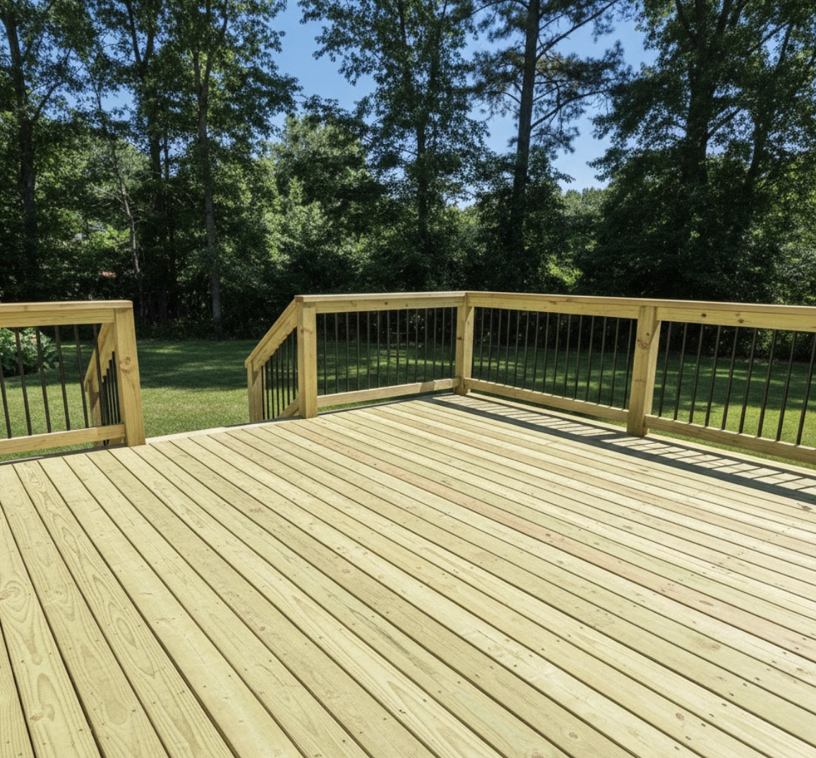 A wooden deck outdoors surrounded by green trees and grass under a clear blue sky.