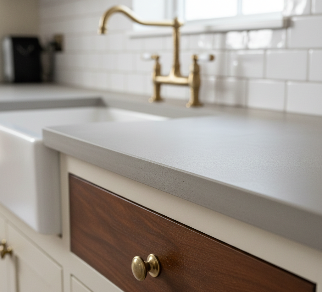 Close-up of a kitchen countertop near a white farmhouse sink with a brass faucet, in front of a white subway tile backsplash.