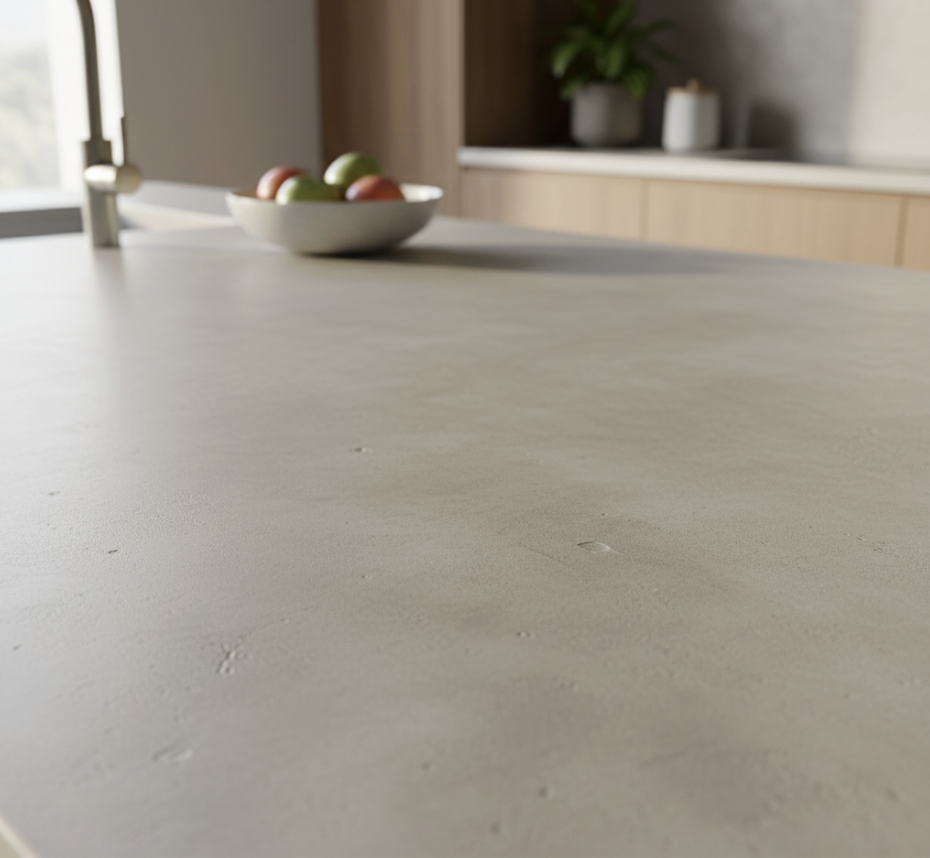 Close-up of a smooth micro cement countertop, light-colored kitchen countertop with a bowl of apples in the background and a window with a sink to the left.