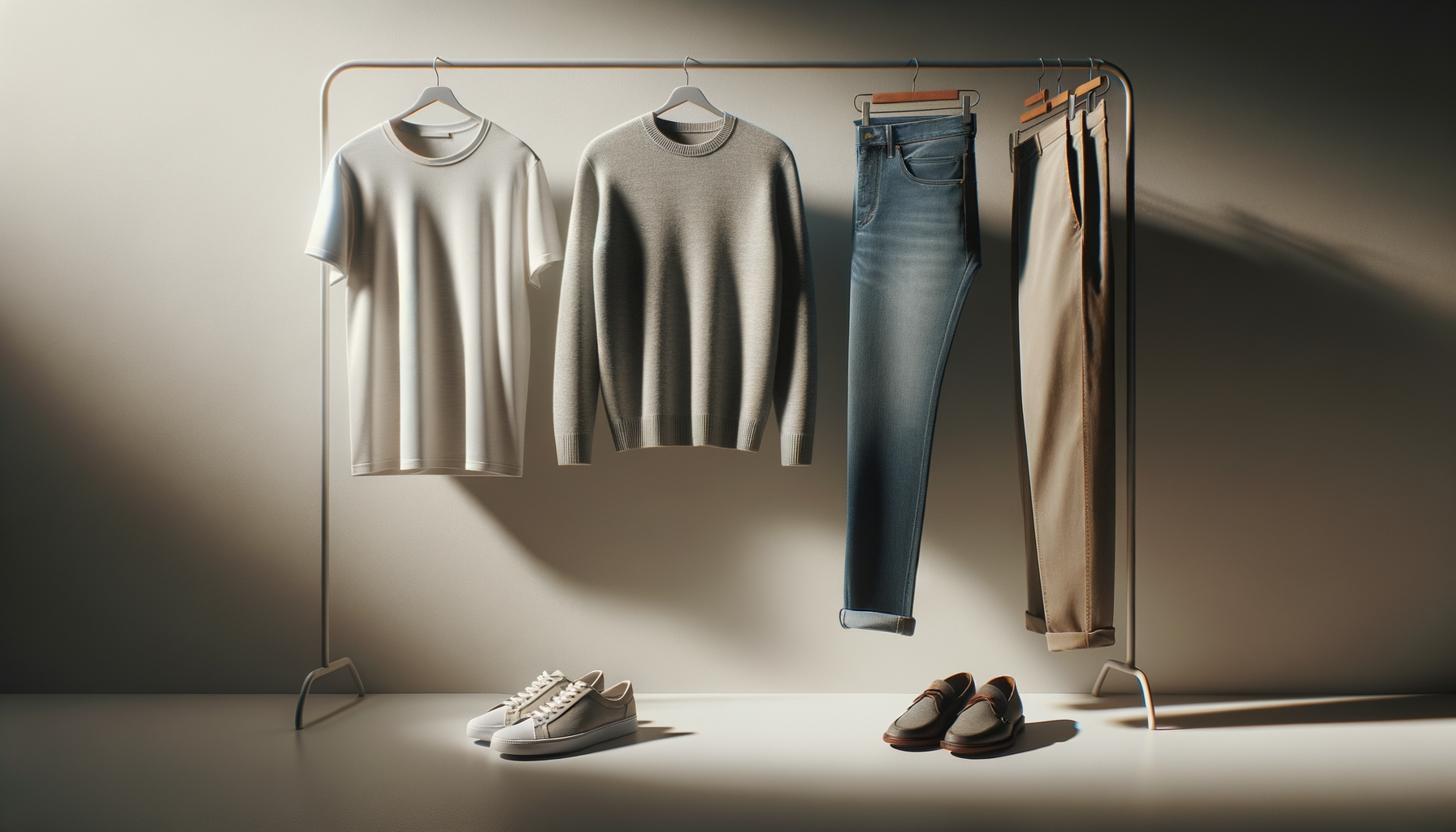 Clothing display featuring two t-shirts, a sweater, three pairs of pants, and two pairs of shoes on a minimalist clothing rack with a soft light background.