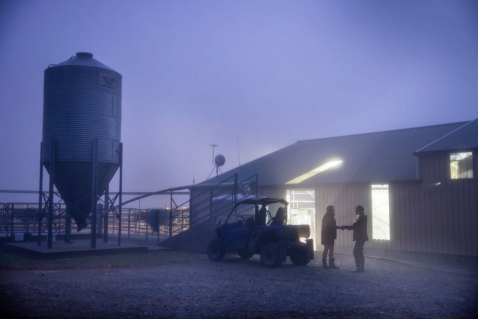 Early morning in the mist on a farm