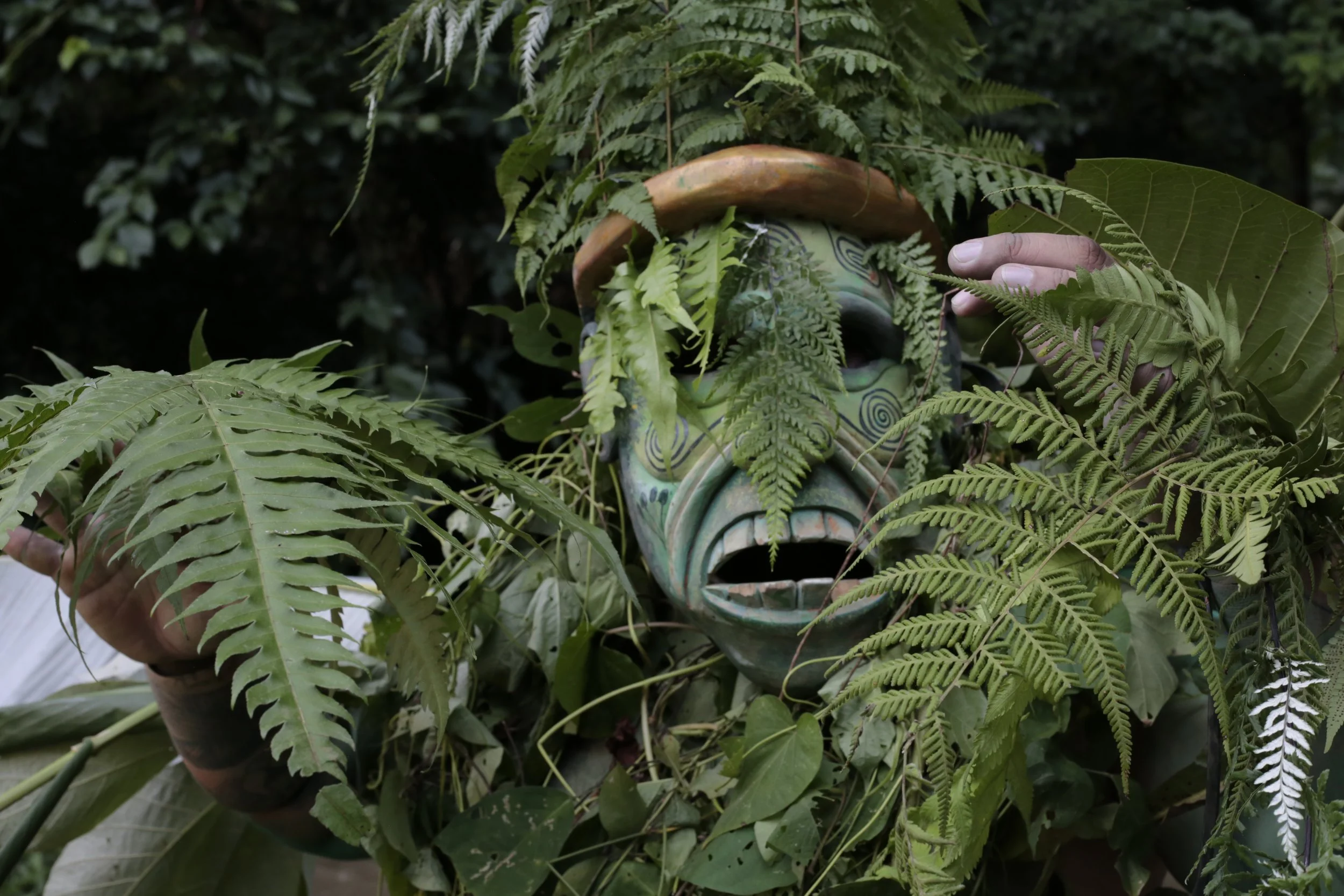 Person holding a tribal mask surrounded by lush green leaves and ferns.