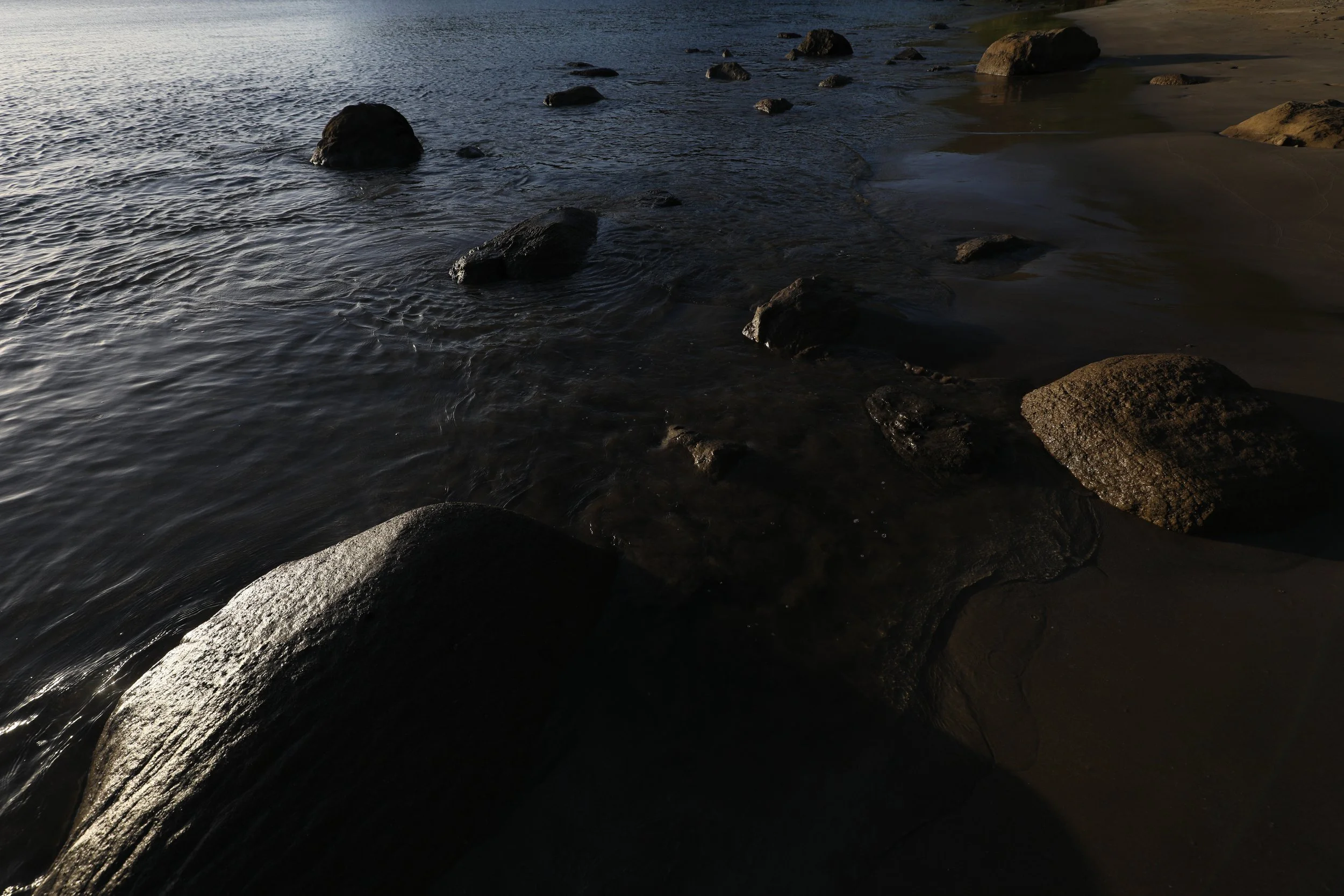Rocks along a lakeshore with gentle waves and wet sand, early morning or late evening lighting.