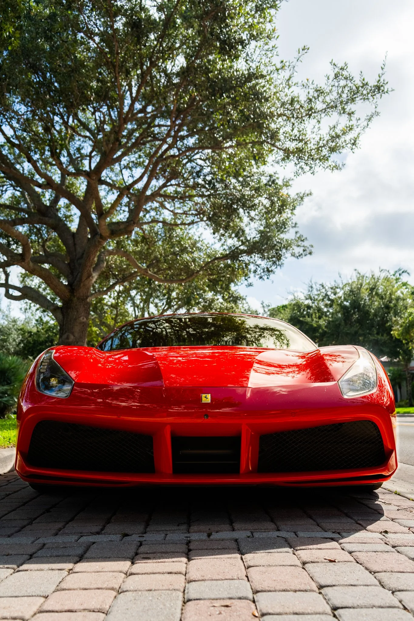 Front view of a red Ferrari sports car parked on a brick driveway with a large tree and a partly cloudy sky in the background.