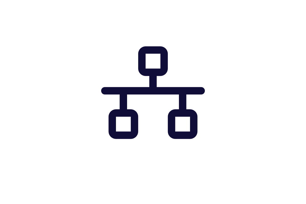 Flowchart diagram of a network or process with a central square at the top connected by lines to two smaller squares below it, with an arrow pointing downward from the center.