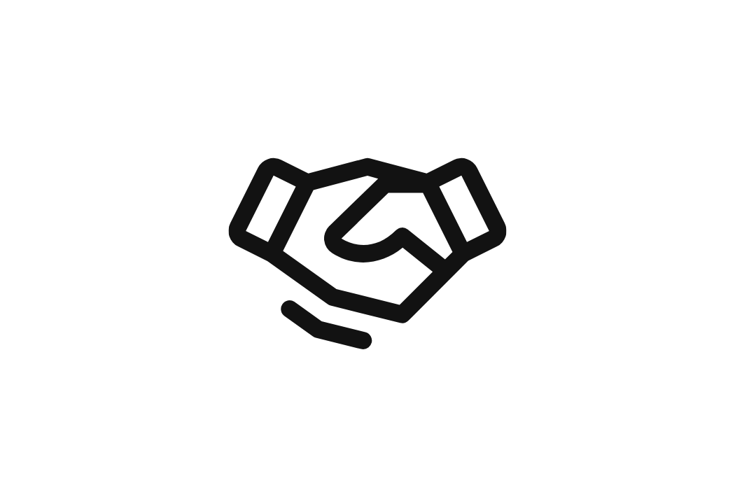 Black background with a simple line drawing of two shaking hands, symbolizing agreement or partnership.