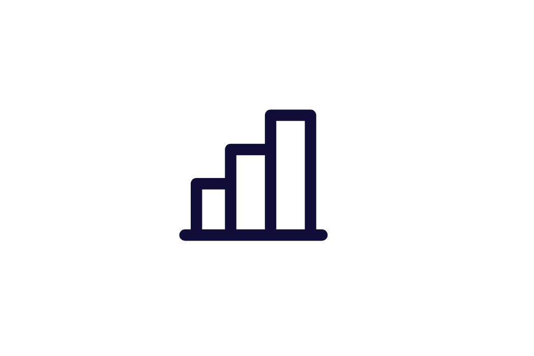 Dark blue bar graph icon with four ascending bars on a black background.