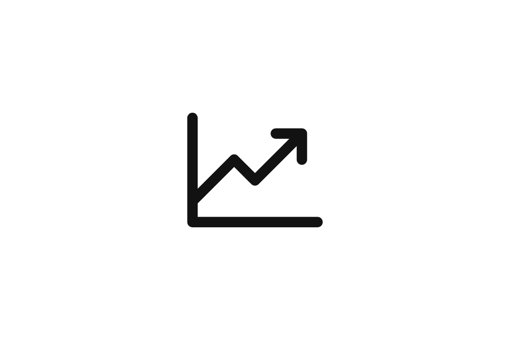 Black icon of a rising graph with an arrow pointing upward.