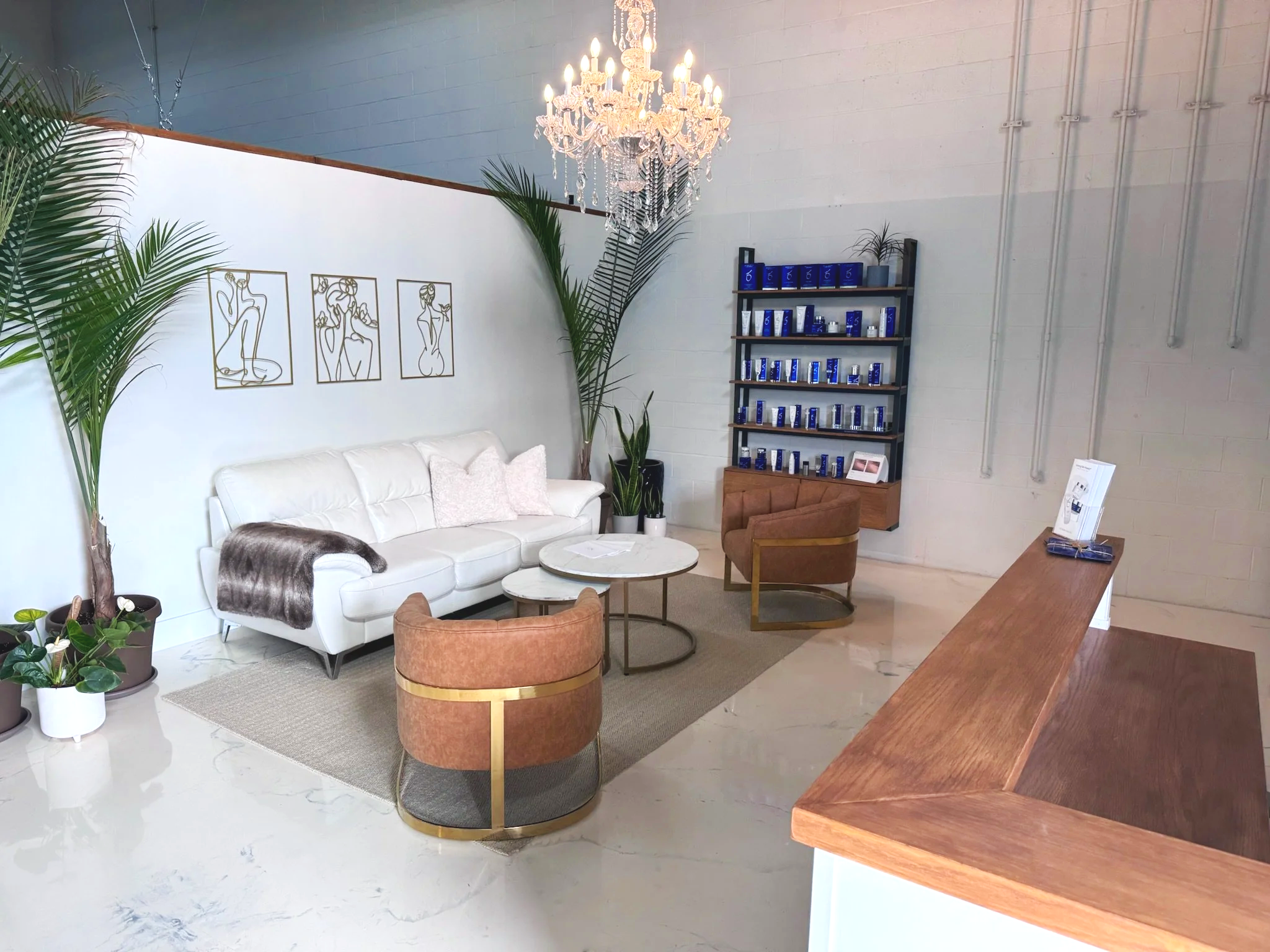 Reception area at Nude Skin & Laser in Langley, BC featuring a welcoming medical aesthetics clinic with professional skincare products and a modern design.