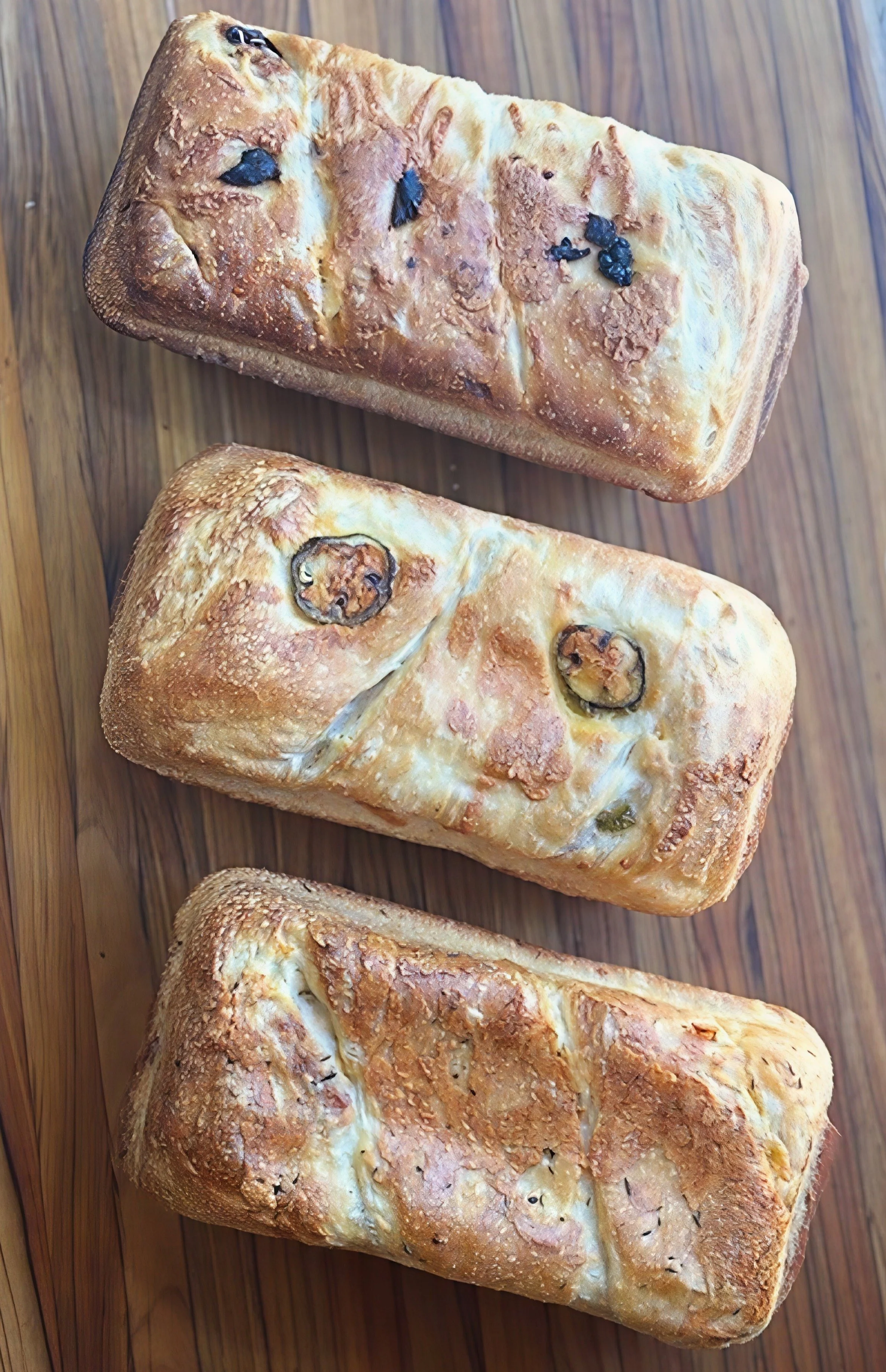 Three uniquely flavored organic sourdough loaves on a wooden cutting board.
