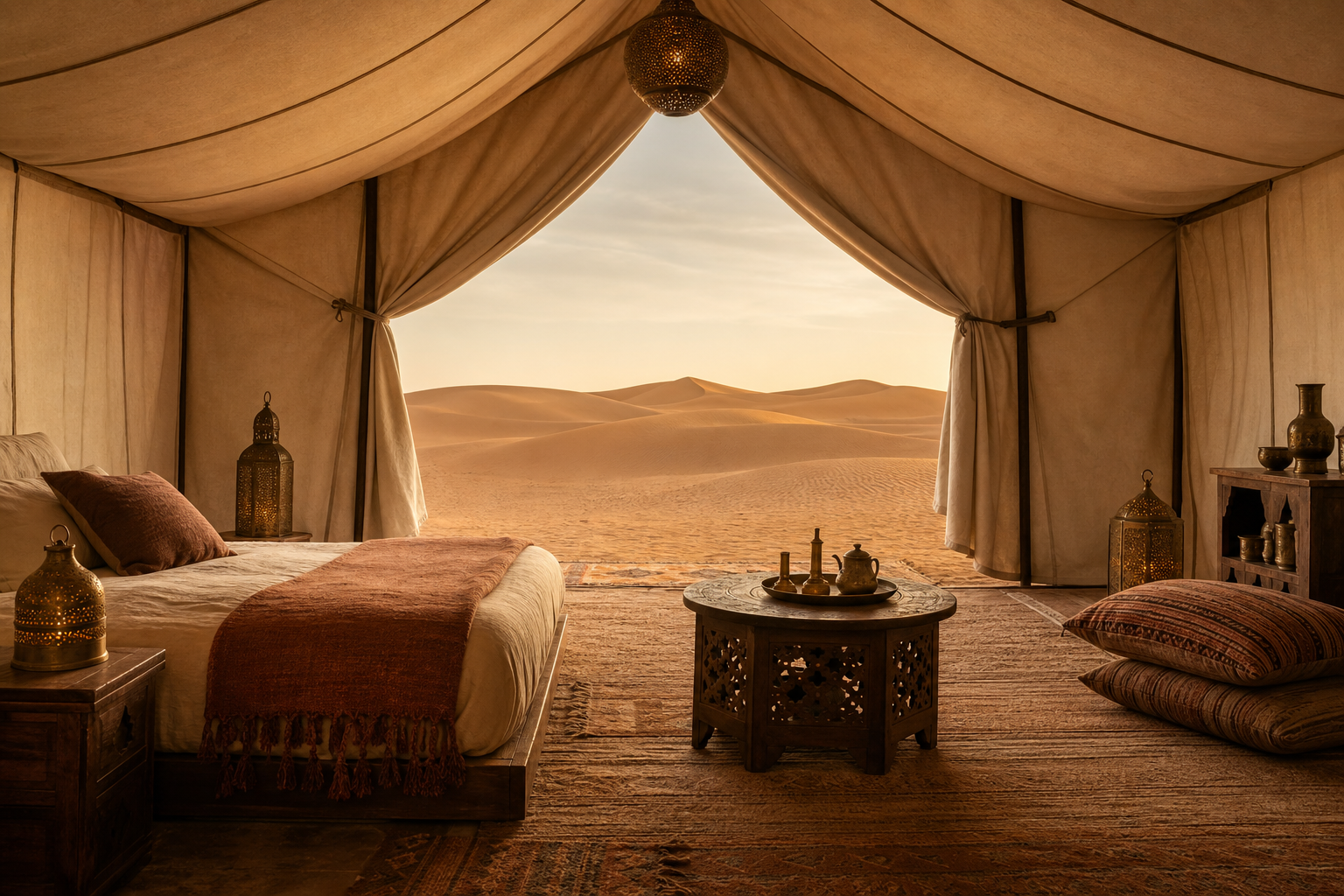 Luxury desert tent interior overlooking the Sahara dunes