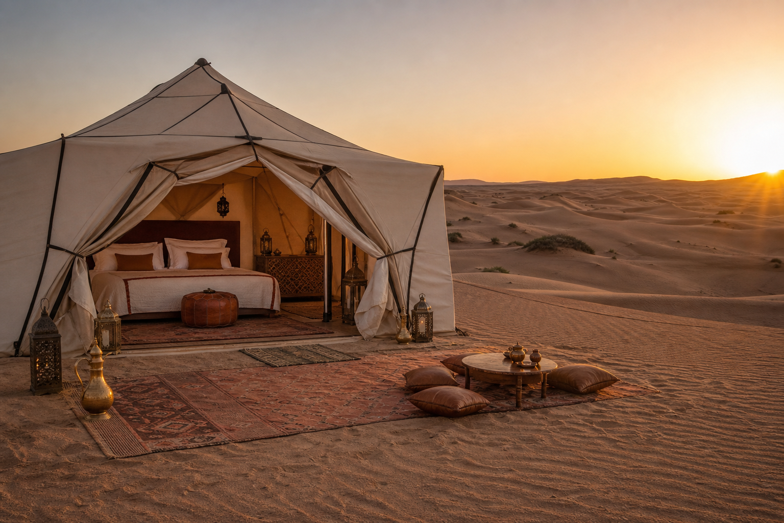 Luxury canvas tent suite overlooking the Erg Chigaga dunes at sunrise