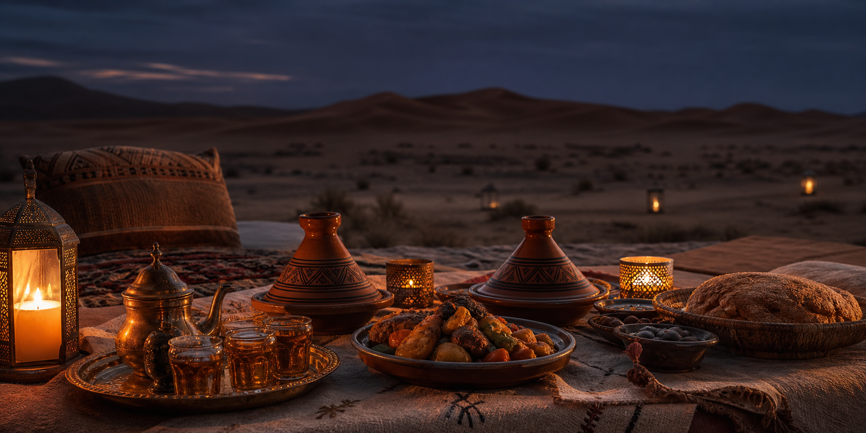 Moroccan dinner with tagines and mint tea beside the Erg Chigaga dunes
