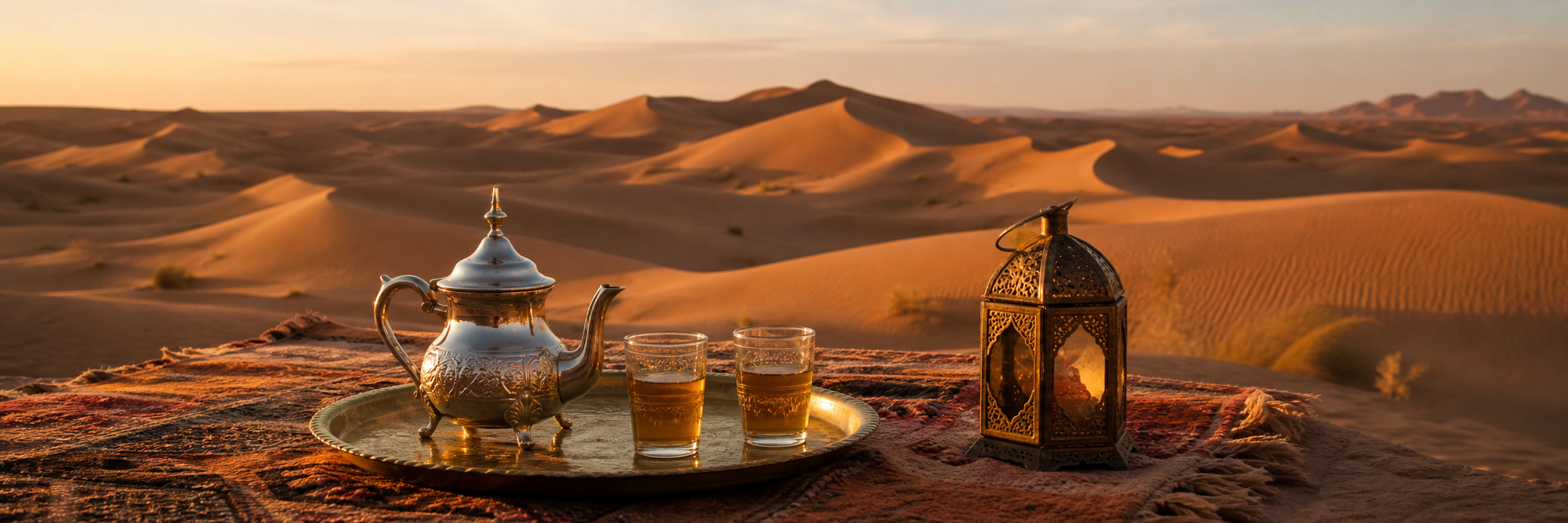 Moroccan tea setting overlooking the Erg Chigaga dunes at golden hour